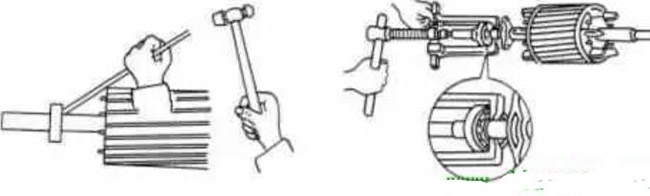 圖1-1-3使用拉拔器拆卸軸承。圖1-1-4取下軸承的絲錐